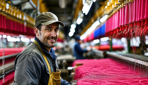 Worker in Workshop Surrounded by Colorful Threads and Fabrics