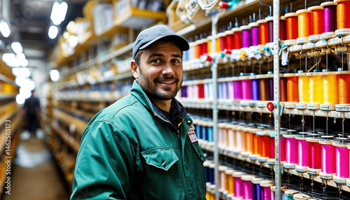 Worker in Workshop Surrounded by Colorful Threads and Fabrics