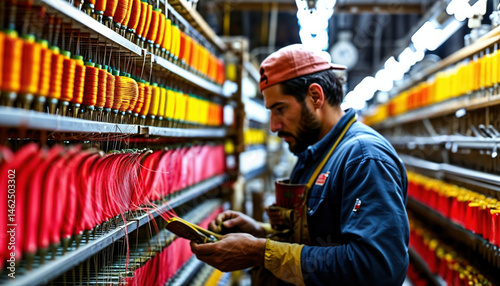 Worker in Workshop Surrounded by Colorful Threads and Fabrics