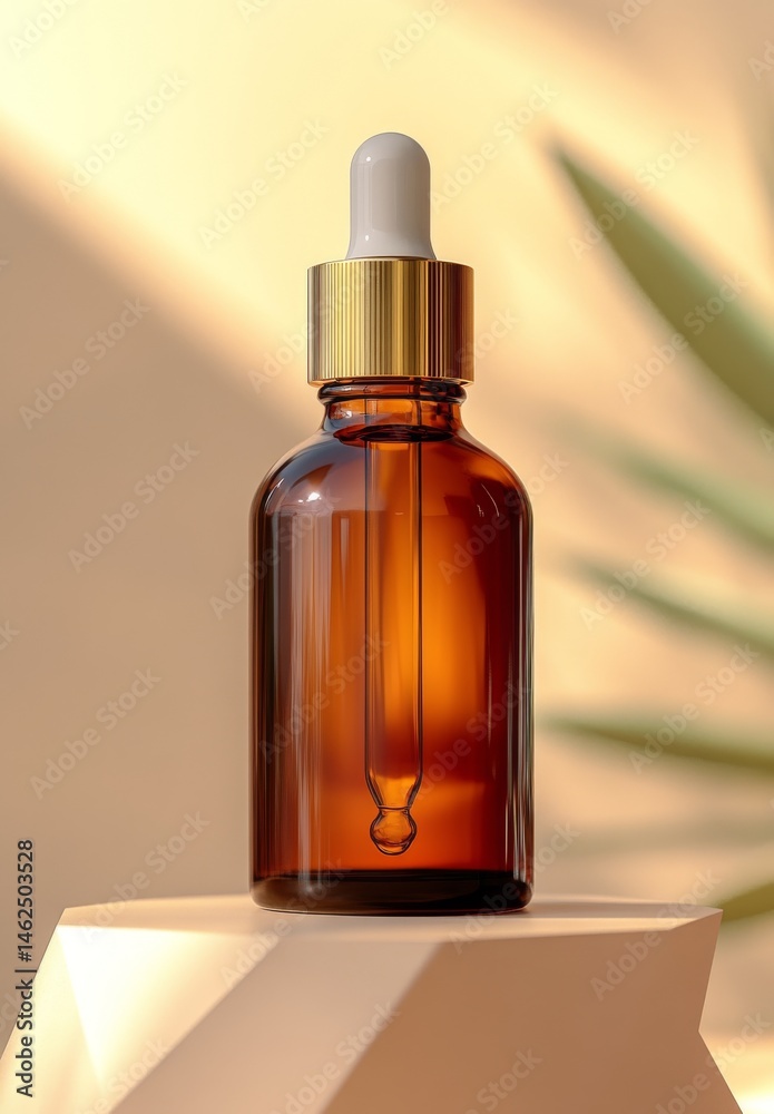 Naklejka premium Skincare product display showcasing amber glass serum bottles with droppers for cosmetic oil and health beauty mockup purposes