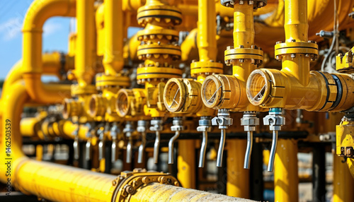 Industrial Pipeline Network Showing Yellow Pipes and Valve Structures Outdoors