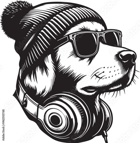 Cool Dog with Headphones, Sunglasses, and Beanie - Black and White Hipster Animal Illustration