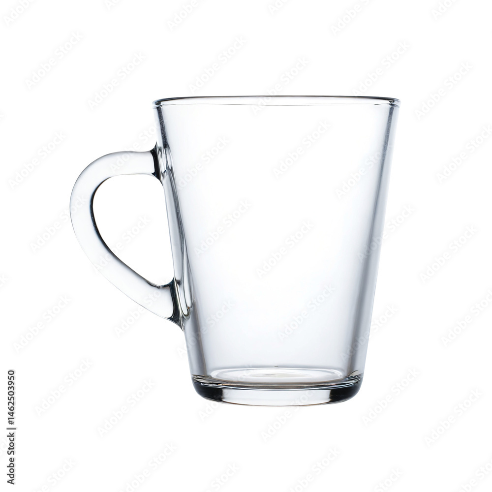 Clear glass cup placed on a transparent background showcasing its shape and design