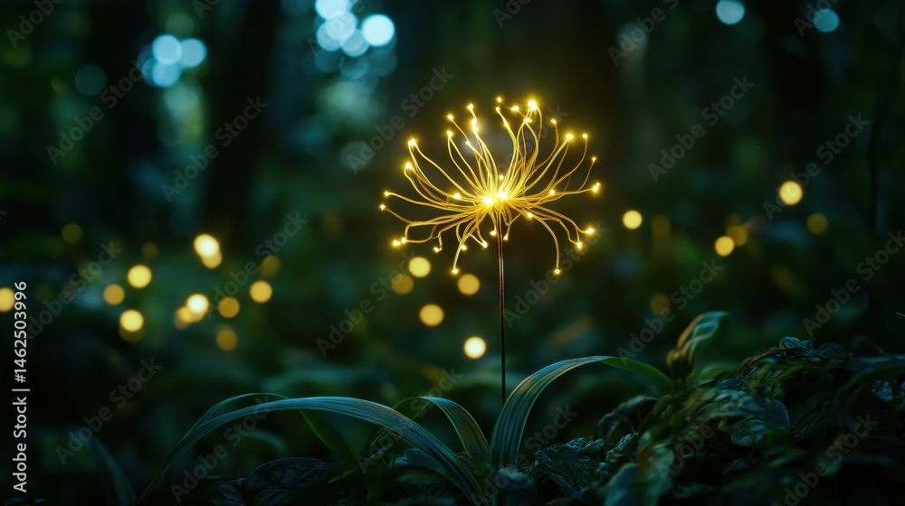 Fototapeta premium Illuminated flower design in a dark forest setting.