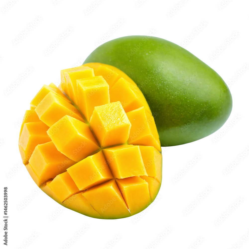 Fresh mango cut open to reveal juicy yellow flesh with neatly diced cubes on a transparent background