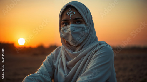 Portrait of a Woman in Hijab and Mask at Sunset