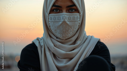 Portrait of a Woman in Hijab and Mask at Sunset
