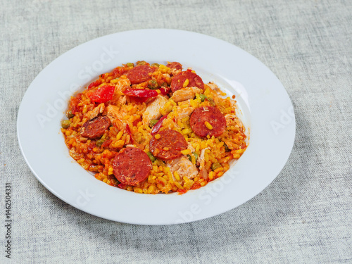 Fine tasty Spanish paella dinner with rice and high quality chorizo sausage on white plate and simple table cloth. Mediterranean style dish. Popular food made from premium ingredients.
