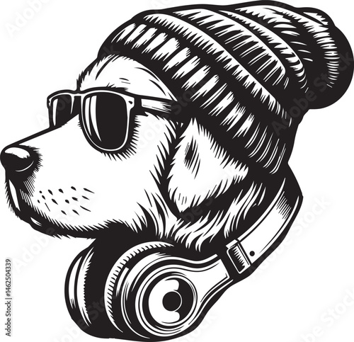 Cool Dog with Headphones, Sunglasses, and Beanie - Black and White Hipster Animal Illustration