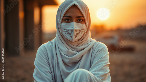 Portrait of a Woman in Hijab and Mask at Sunset