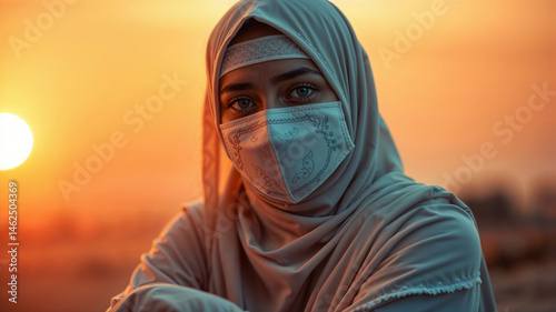 Portrait of a Woman in Hijab and Mask at Sunset