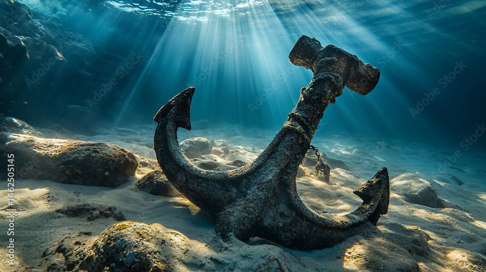 Obraz premium Sunlit underwater anchor resting on sandy seabed