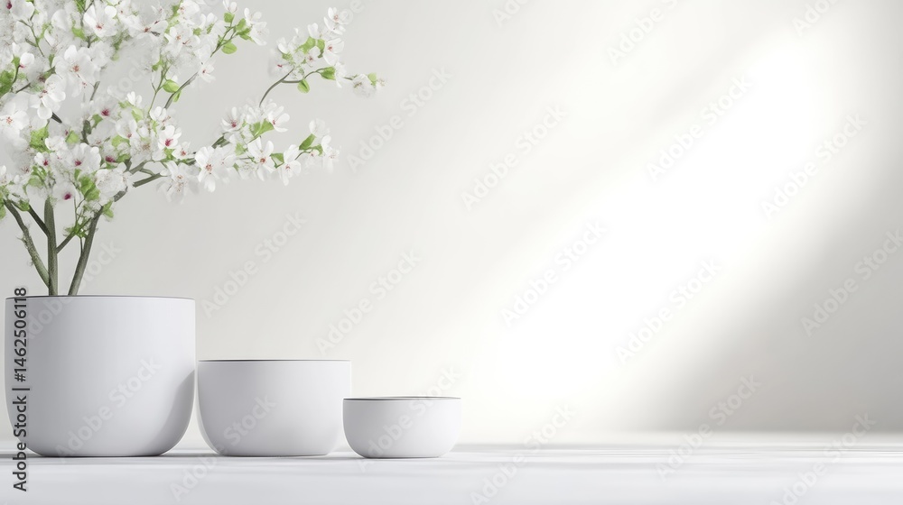 Flowering Branch in Pots Minimalist Style High-resolution Soft Lighting Horizontal Arrangement White Ceramic Vessels Serenity Display White Background Pure White Tones Ideal for Home Decor Ads Flowering Branch in Pots Minimalist Style High-resolution Soft Lighting Horizontal Arrangement White Ceramic Vessels Serenity Display White Background Pure White Tones Ideal for Home Decor Ads