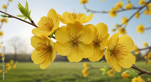 Yellow Flower on Branch with Green Leaves