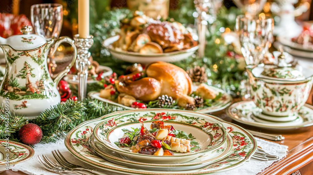 Fototapeta premium A festive table setting with holiday-themed dishes and decorations