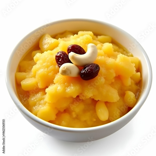 Delicious Mango Halwa Recipe Indian Dessert with Cashews and Raisins on white background