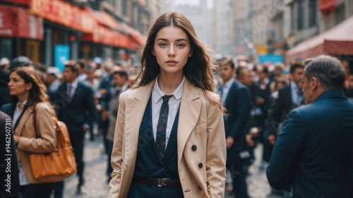 Portrait of a Stylish Woman Standing Outdoors in a Bustling Urban Scene