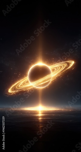 Radiant Golden Ring Surrounds a Celestial Body Creating a Cosmic Scene with a Dark Starry Background and Reflected Light on a Shimmering Surface