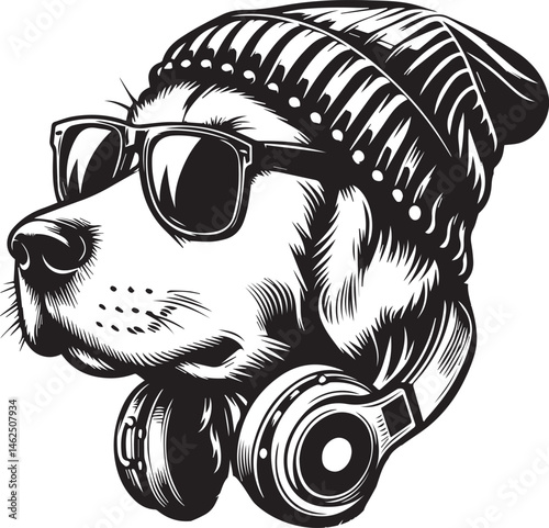 Cool Dog with Headphones, Sunglasses, and Beanie - Black and White Hipster Animal Illustration