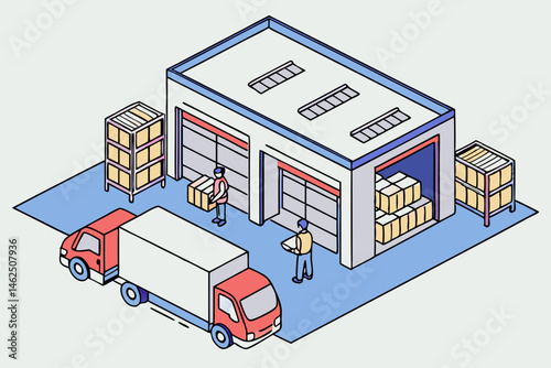 Isometric Illustration of Warehouse Loading and Unloading Process