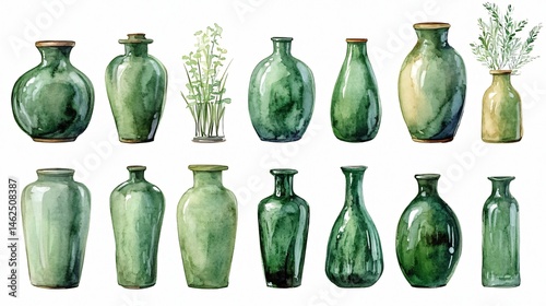 Elegant Watercolor Illustration Set of Color Green Vases for Interior Design Inspiration