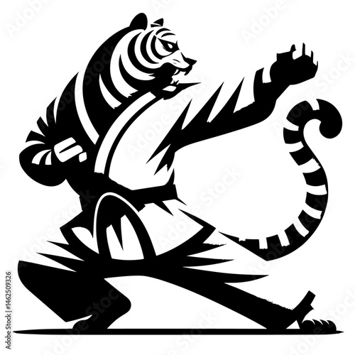 Martial Artist Practicing Karate tiger – Dynamic Pose in White Gi with Black Belt