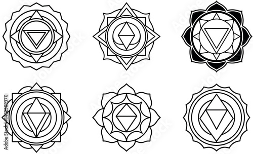 Collection of Colorful Chakra Symbols in Black and White Outline