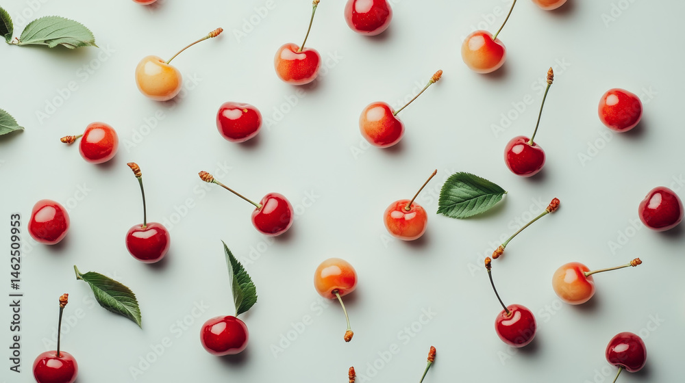 A grouping of cherries neatly isolated on a white backdrop