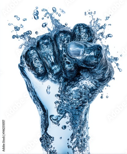 A powerful hand splashes water in a dynamic and abstract display. The scene captures the essence of movement and energy in an artificial studio setting during the day.