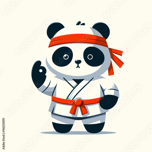 panda in karate kimono with red belt with a smile