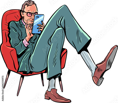 Serious businessman spends time on the phone. Chatting on social networks and following the news. Man in a suit with a phone.