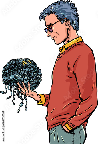A man's reflection on the creation of intelligence. A man holds the brain of artificial intelligence in his hands. The creator and his creation.