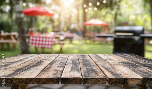 Rustic wooden table outdoors, blurred background of picnic area with red checkered tablecloths, umbrellas, and grill
