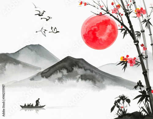 Chinese ink wash painting of a mountain landscape