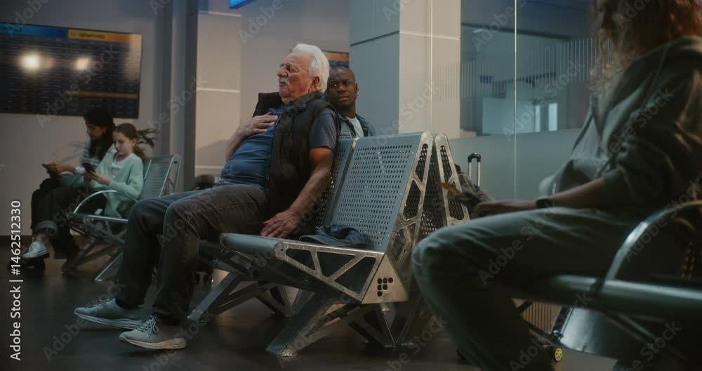 Crowded International Airport Terminal: Senior Man Having Heart Attack, Clutching Chest in Pain in Departure Lounge of Airline Hub. Diverse People Helping Elderly Passenger, Calling for Medical Help.