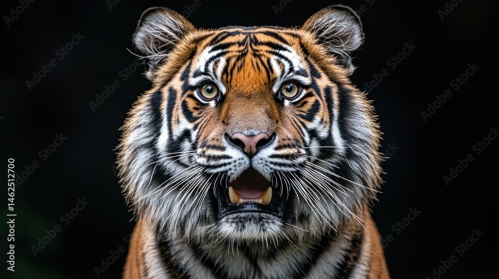 Fototapeta premium Close-up of a tiger's face. Intense gaze, open mouth, showcasing sharp teeth. Striking orange and black markings