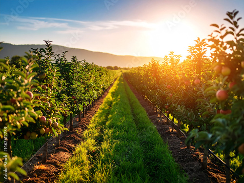 Tropical Sunrise in Apple Orchards: Lush Fields and Bright Morning Sun