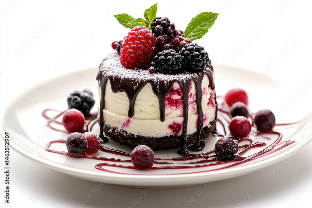 Berries and chocolate dessert on a plate. Berries and chocolate dessert on a plate.