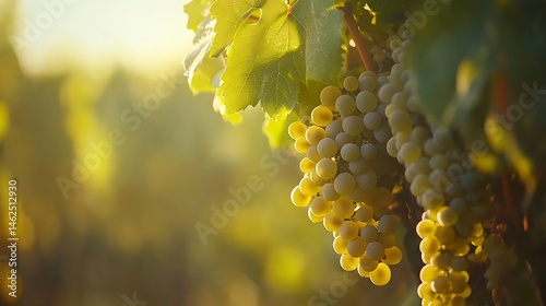 Sauvignon Blanc grapes clustered on a vine in soft sunlight with lush green leaves in focus and a blurred vineyard background creating ample copy space .