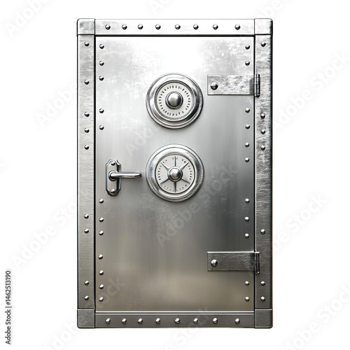 A metallic safety vault door with intricate dials and studded border design