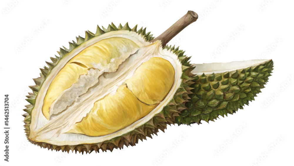 Fototapeta premium Hand-painted Durian Illustration Open and Closed, Isolated on Transparent Background, Tropical Fruit, Watercolor, Durian, Fruit, Illustration