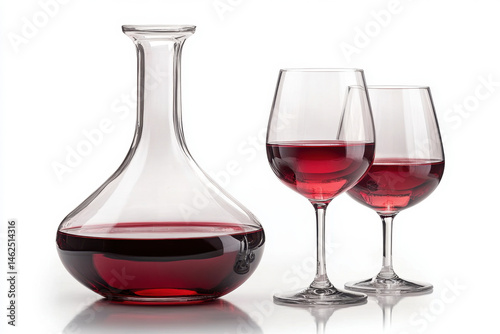 Wine decanter next to glasses of wine.