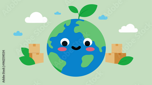 Happy Planet A smiling Earth character wearing a delivery cap surrounded by packages and green plants promoting the idea of a carbonneutral planet.