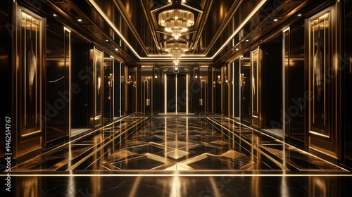 Luxurious hotel elevator lobby; golden marble, chandeliers