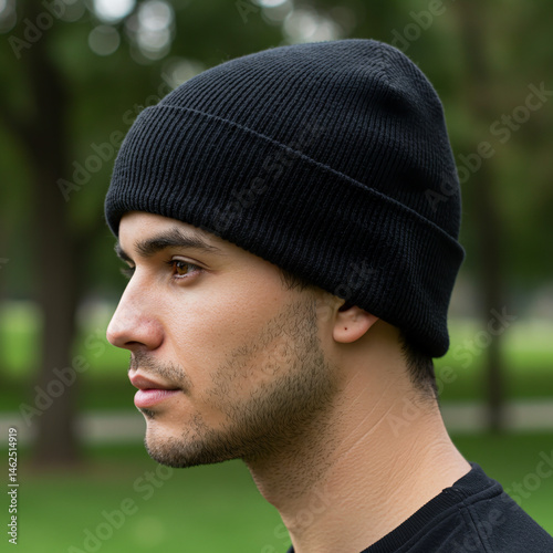  beanie mockup, black knit, close-up on head of male model, blurred outdoor background