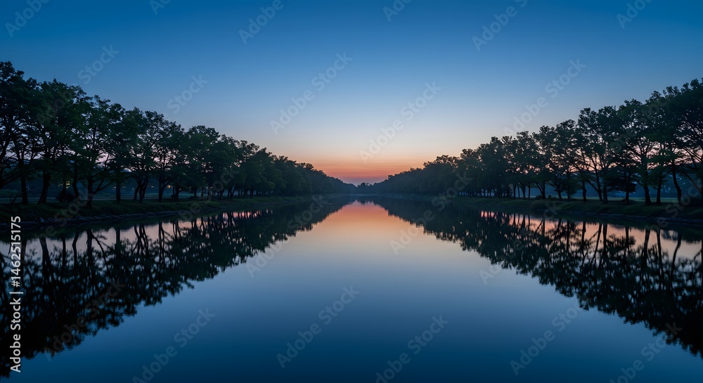 Fototapeta premium River at Sunrise with Tree Lined Banks Reflection