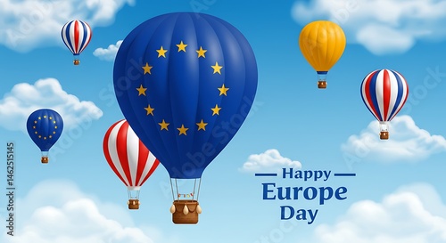 Wallpaper Mural European Union Stars Emblem on Hot Air Balloons Ascend in a Cheerful Blue Sky for Europe Day Celebration with Striped Balloons, Floating Clouds & Festive Wishes Torontodigital.ca