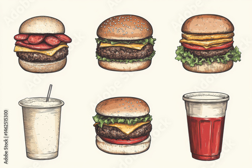 A set of hamburgers and drinks on a picnic blanket in a sunny park, surrounded by lush greenery and a clear blue sky.