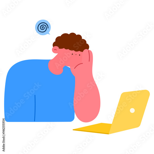 Man with headache sitting near a laptop, stress and fatigue from work flat vector illustration