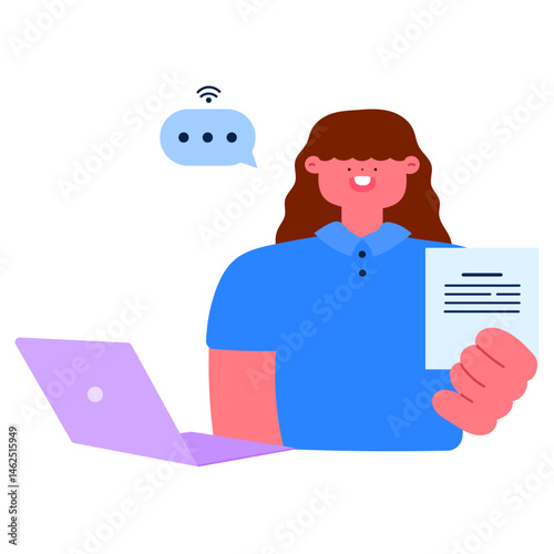 Smiling woman holding paper, with laptop beside her while working remotely from home flat vector illustration